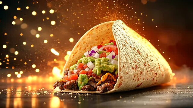 A mouthwatering shot of a taco filled to the brim with seasoned meat, fresh guacamole, shredded lettuce, diced onions, and melted cheese, styled with bold promotional text and a gl