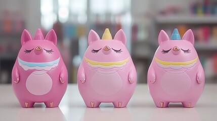 Obraz premium Cute Colorful Cartoon Pig Figures on Display with Soft Background