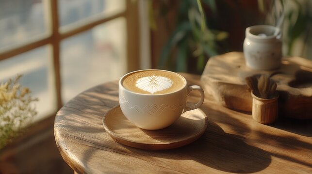 a stunning latte art design depicting a serene mountain landscape, placed on a wooden table near a window with natural light. 