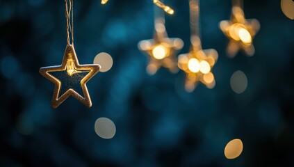Twinkling Star Ornaments with Warm Fairy Lights Against a Dark Blue Background for Festive Decor and Holiday Celebration Inspiration