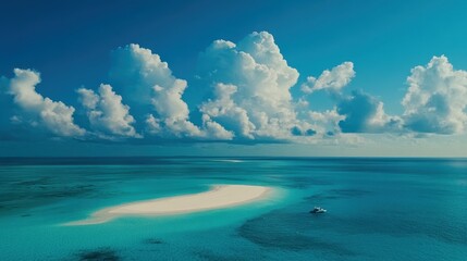 Obraz premium A stunning aerial view of a tranquil turquoise sea, featuring a sandy island and fluffy clouds against a bright blue sky.