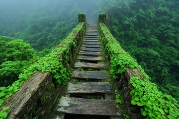Fototapeta premium A haunting abandoned footbridge covered in ivy and fog, stretching over a dark forest