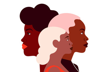 Modern illustration of three Black women in profile, symbolizing diversity, empowerment and unity. Flat and minimalist art style, perfect for Women's Day, equality, sisterhood and social justice theme