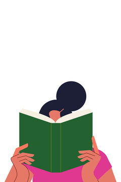 Colorful illustration of a woman reading a green book, partially hidden behind it. Modern flat design style, perfect for education, learning, literature, knowledge, and book lover concepts