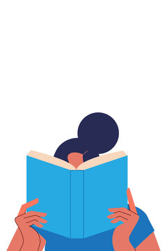 White woman reading a book. Concept on education, self-directed learning. Colorful, flat vector illustration. Character design, vertical layout PNG. Perfect for education, learning, literature