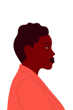 Profile illustration of a woman with brown, black hair in a bun and brown skin wearing a bright coral blazer. Modern flat design perfect for business, fashion, diversity concept, social media, article