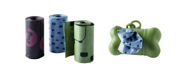 Set of biodegradable dog waste bags and bag dispenser in bone shaped container, isolated on transparent background. Eco friendly pet waste disposal solution. Dog recycling waste disposable bags.