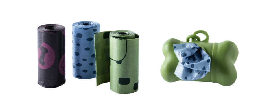 Set of biodegradable dog waste bags and bag dispenser in bone shaped container, isolated on transparent background. Eco friendly pet waste disposal solution. Dog recycling waste disposable bags.