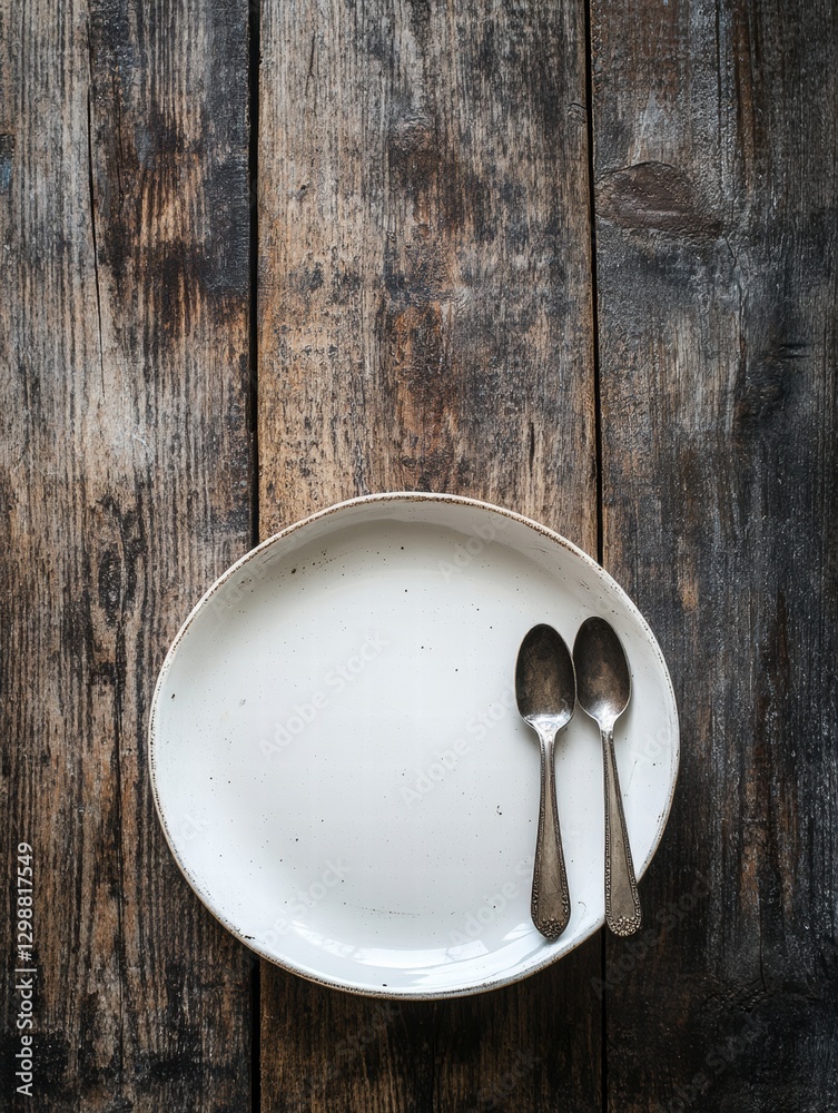 Aufkleber Empty plate and two spoons placed on a rustic wooden table highlighting simplicity in everyday dining experiences. Generative AI