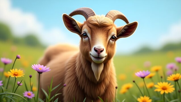 A majestic goat with a thick, fluffy coat of soft brown fur and a pair of curved horns stands proudly in a lush green meadow, surrounded by vibrant wildflowers of yellow, pink, and purple, with a clea