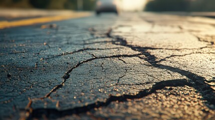 Cracked Asphalt Road Surface Close Up View