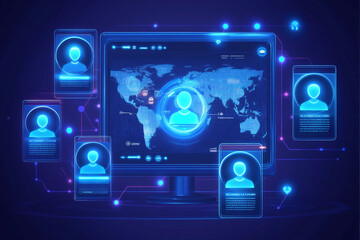 Digital interface showcasing real-time data analytics on global user activity with connected profiles and world map visualizations