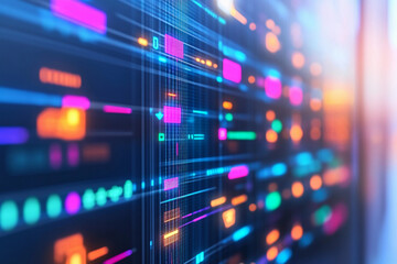 Obraz premium Digital control panel displaying a vibrant network of interconnected data streams and nodes in a modern technological environment