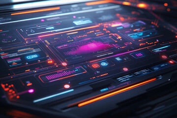 Obraz premium Detailed digital control panel displaying a complex network of interconnected systems and data visualizations