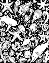 Naklejka premium pattern, vector, seamless, cartoon, animal, design, illustration, doodle, wallpaper, flower, art, set, drawing, sketch, decoration, floral, fish, cat, cute, icon, element, leaf, ornament, texture, bir