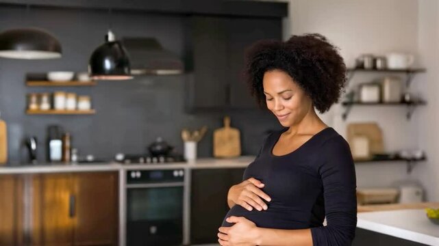 A pregnant woman smiles while gently cradling her belly in a modern kitchen. The environment is warm and inviting, reflecting advancements in surrogate technology and bioengineering.