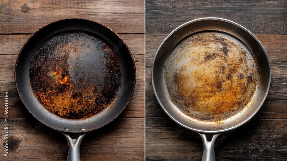 Aufkleber transformation of a burnt frying pan revealing a clean surface through effective cleaning methods. g
