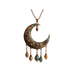 A beautifully crafted crescent moon pendant adorned with intricate designs and dangling ornaments, Isolated on white background.