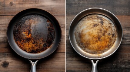 Transformation of a burnt frying pan revealing a clean surface through effective cleaning methods. Generative AI