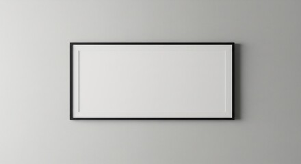 Blank rectangular frame hangs neatly on a light gray wall subtly illuminated. AI Generated
