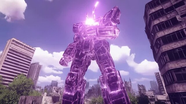 Giant Purple Robot in a Destroyed City