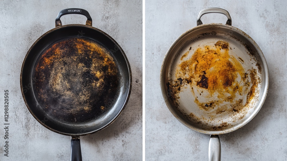 Poster Transforming a burnt skillet into a clean cooking surface with simple cleaning techniques and tips. Generative AI