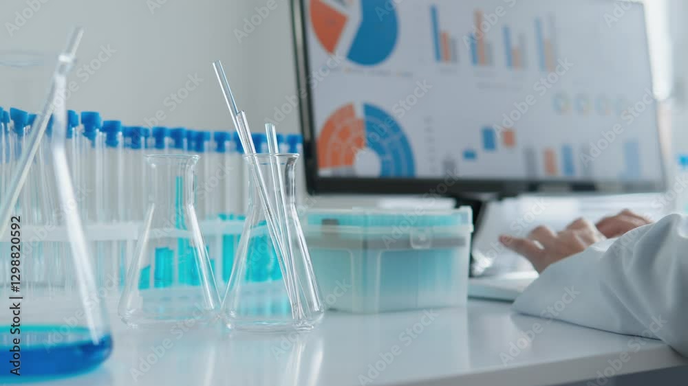 Poster This document discusses the comprehensive setup for conducting laboratory research, featuring test tubes and the meticulous process of analytical data analysis to enhance scientific innovations