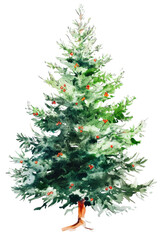 Fototapeta premium Christmas tree watercolor illustration isolated on white background decorated with ornaments for holiday celebrations and festive design projects.