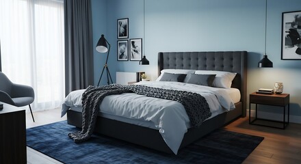 Serene bedroom boasts calming blue hues soft light inviting atmosphere. AI Generated
