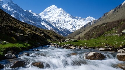 Fototapeta premium Majestic Mountain River Landscape with Snow Capped Peaks