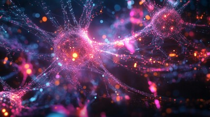 Neural connections: bright neon network of abstract brain synapses