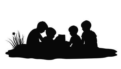Children reading together in silhouette, promoting literacy