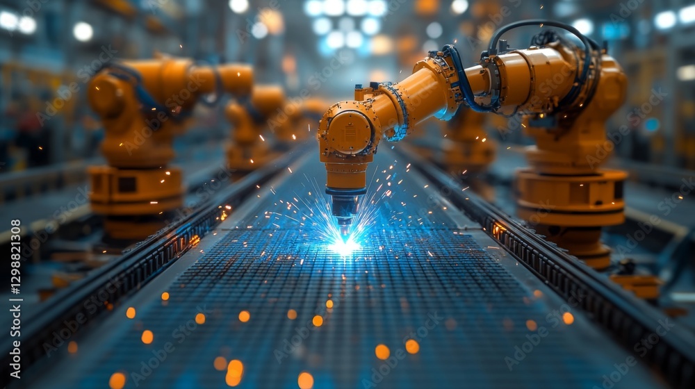 Fototapete in a state-of-the-art manufacturing facility, robotic arms perform precise welding tasks on a convey