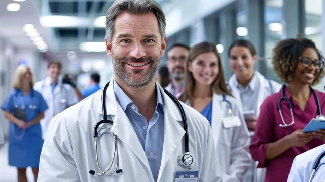 Healthcare Heroes: A diverse team of dedicated healthcare professionals stands together in a hospital hallway, radiating confidence and compassion.