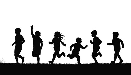 Fototapeta premium Playful kids running in silhouette on white background, joy of childhood