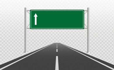Perspective view road track with green sign board.  Empty highway with directions sign. Vector EPS 10