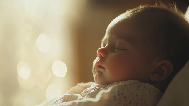 A newborn baby sleeps peacefully, side profile, bathed in soft light, symbolizing the purity and serenity of new life.