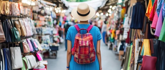 Obraz premium Woman in Straw Hat Walking Through a Market