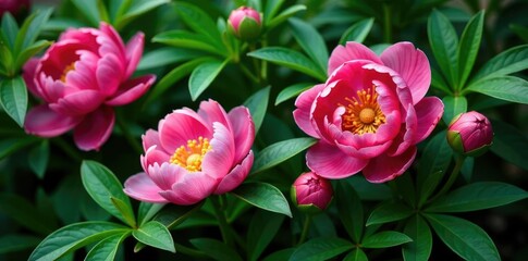Obraz premium Lush green leaves and stems intertwined with peony blooms, peony, greenery, foliage
