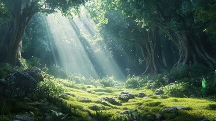 Obraz premium sunbeams in a lush green forest