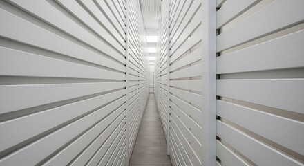 Clean white corridor subtly glows under soft light creating a calming minimalist aesthetic. AI Generated