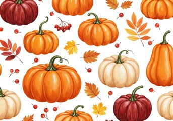 A Collection of Pumpkins in Various Shapes and Colors Surrounded by Autumn Leaves and Small Berries on White Background - This watercolor cartoon features a delightful assortment of pumpkins among vib