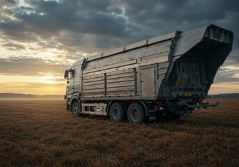 Obraz premium Heavy duty truck parked in the field at sunset - A stunning view of a heavy duty truck with an open rear, positioned in a golden field during sunset, capturing rural scenery and heavy machinery