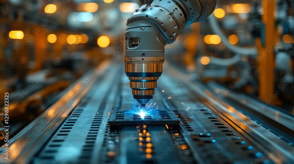 Poster a robotic arm performs welding on a metal component within a bustling factory setting. advanced auto