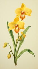 Fototapeta premium Vintage drawing yellow orchid flower plant petal.