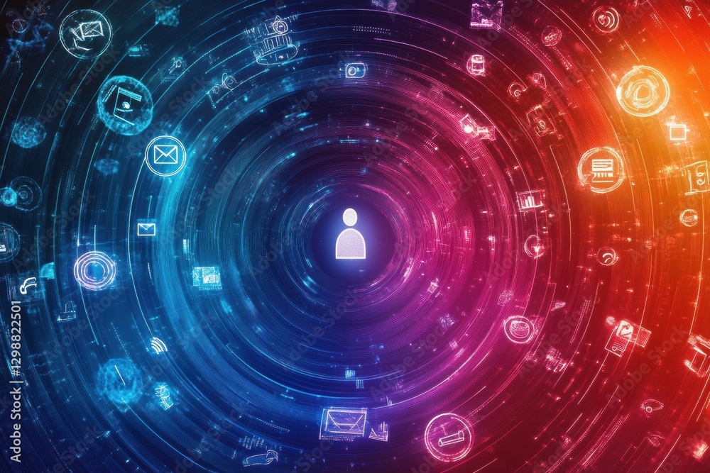 Poster vibrant digital vortex featuring user icons and communication symbols in contrasting colors. generat