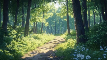 Obraz premium sunlit forest path lush green woods tranquil nature scene