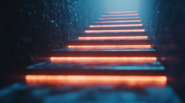 A mystical floating staircase with glowing edges leading into the distance, symbolizing the never-ending journey of self-improvement.