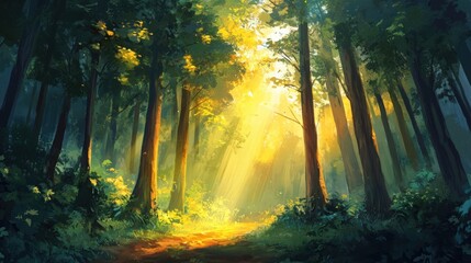 Fototapeta premium sunlit forest path digital painting