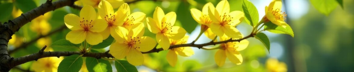 Fototapeta premium Tabebuia tree in full bloom with branches and leaves, nature, yellow flowers, sunlight filtering through leaves
